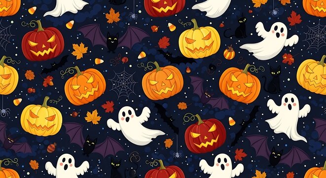 Spooky Halloween Pattern with Pumpkins with Ghosts, Bats, and and Spiders on Dark Blue.