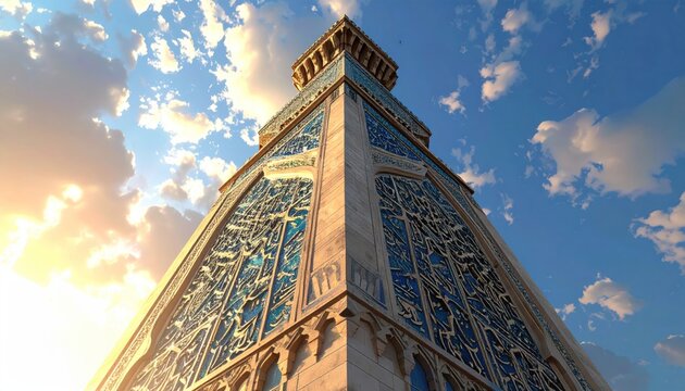 Sharp corner of modern Islamic building with blue patterns.