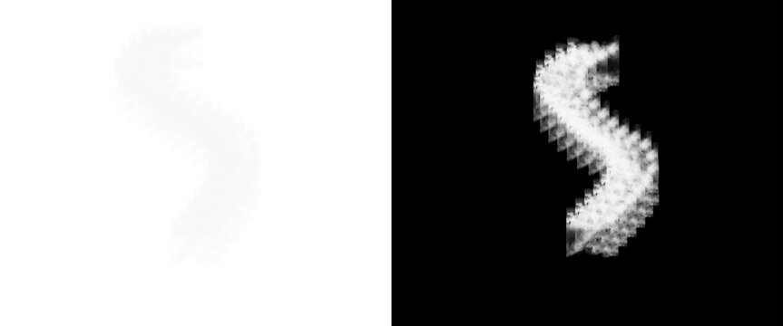 Abstract white smoke trail on black background, ethereal wispy vapor element, ghostly letter S shape, mystical fog effect for overlay