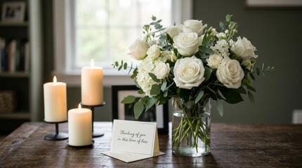 Obraz premium Elegant white rose bouquet and lit candles create a serene atmosphere for a heartfelt message.