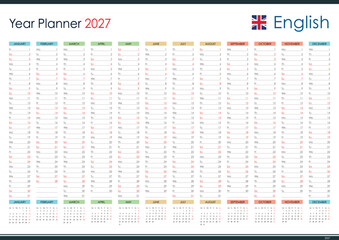 English 2027 yearly planner calendar template with twelve months grid layout © pawczar