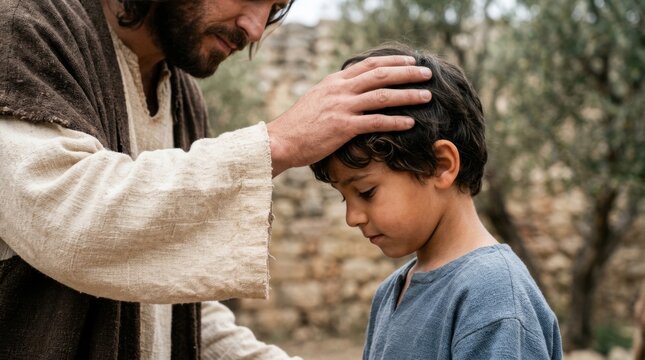 Jesus smiling and blessing a young child with his hand on the child's head, showing compassion and love in a historical setting