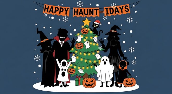 Spooky Holiday Cheer Halloween  Christmas Fusion with Happy Hauntidays Illustration.