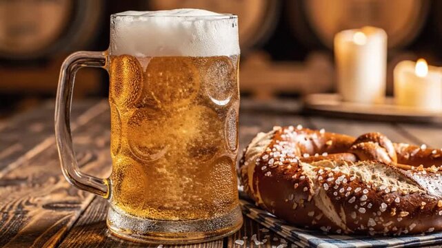Fresh craft beer pouring into a glass mug beside a salty pretzel