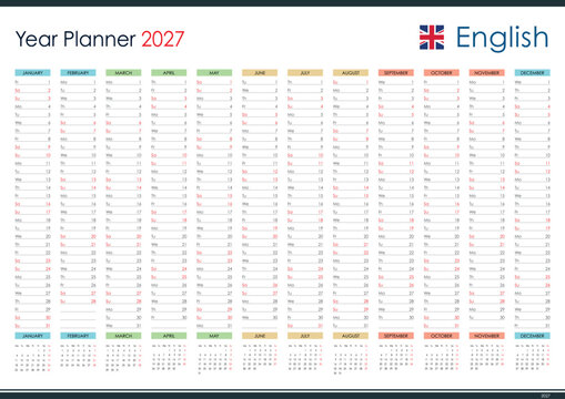 English 2027 yearly planner calendar template with twelve months grid layout