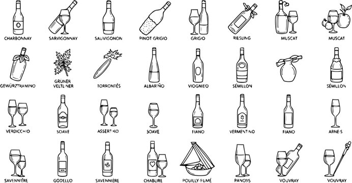 Black and White Line Art Icons of Wine Bottles and Glasses, Diverse Grape Varietals