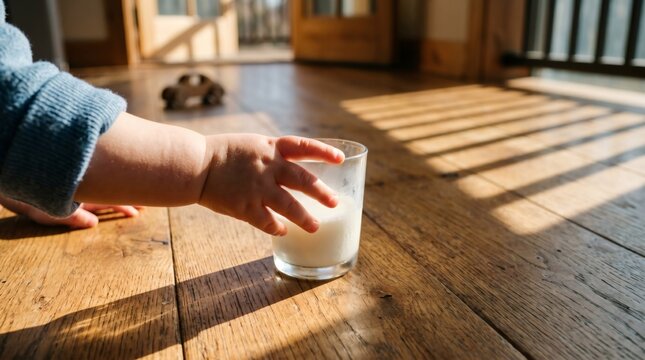 Cute baby hand reaching for glass of fresh milk on sunlit wooden floor, child nutrition and healthy growth concept