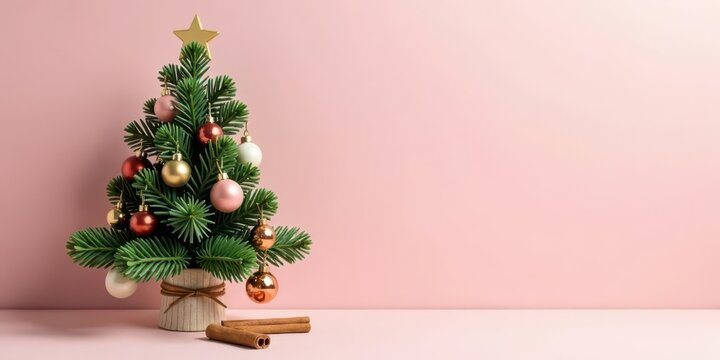A miniature evergreen tree adorned with elegant ornaments and a star, rests on a pale pink surface near cinnamon sticks, creating a festive and tranquil winter scene.