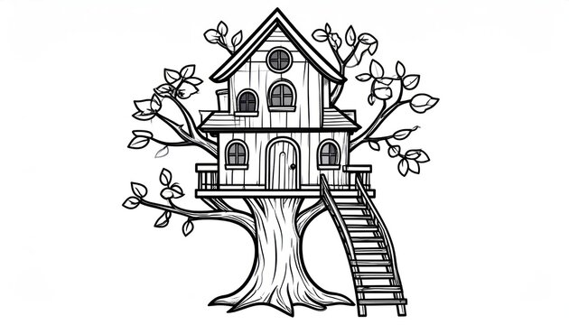 Simple backyard treehouse with ladder black line art
