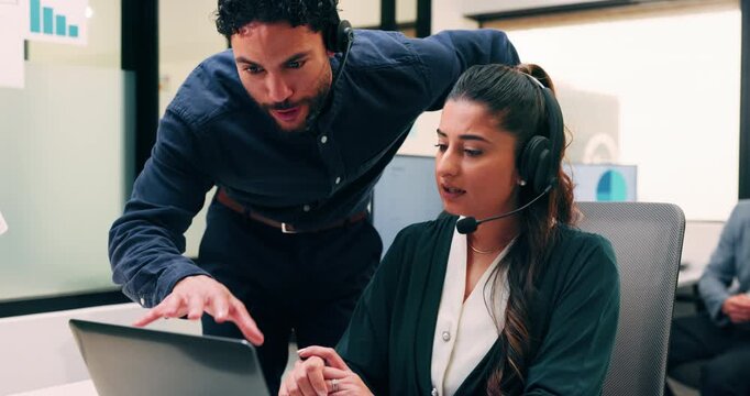 Laptop, coach and consultant with help in call center for customer service or virtual assistance. People, mentor or man training woman in contact agency on computer for software, update or CRM advice