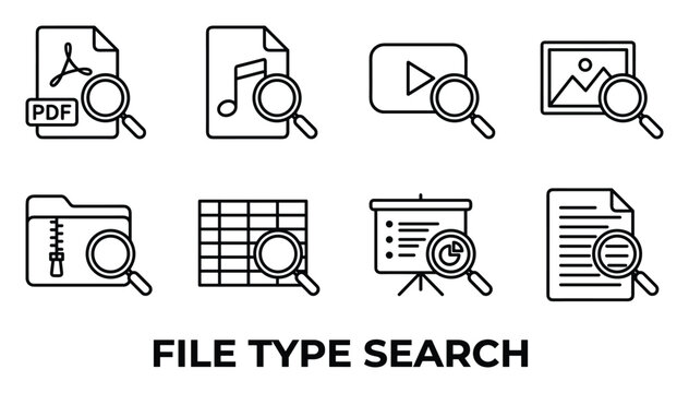File type search icons set vector outline collection of document and media search symbols.