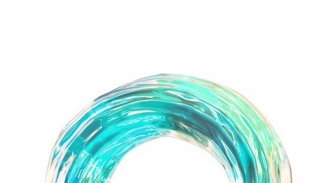 Abstract liquid glass arch flows along the top frame on a solid white background in a macro 3D render highlighting complex turquoise fluid reflections and wavy textures