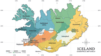 Fototapeta premium Iceland Geographical Map Overlay: Regions, National Parks, Cities