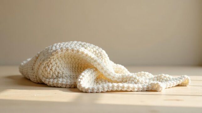 Cream-colored knitted textile draped elegantly on a light wooden surface, bathed in soft, natural light, showcasing its texture and delicate craftsmanship