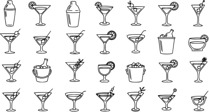 Black and White Line Art Icons of Various Cocktails and Barware, Party and Celebration Symbols