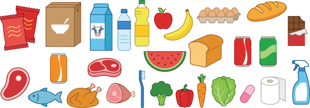 Grocery Shopping Collection Featuring Food Products Fresh Produce Household Essentials and Consumer Goods Icons
