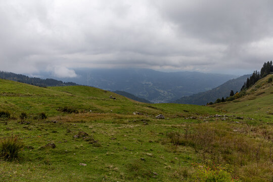 Natural mountain landscape in the Chablais Massif under a cloudy sky, Haute-Savoie, French Alps