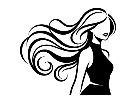 Minimalist fashion woman portrait logo design for hair salon beautiful woman with long flowing hair vector illustration silhouette