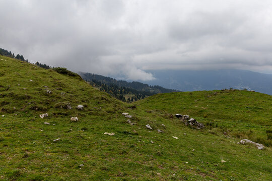 Natural mountain landscape in the Chablais Massif under a cloudy sky, Haute-Savoie, French Alps