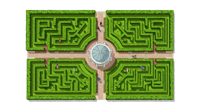 Intricate green hedge maze with glass dome and people in garden
