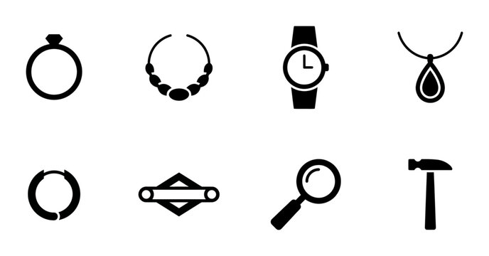 Jewelry and tools icon set ring, necklace, watch, magnifying glass, hammer outline, solid and color styles