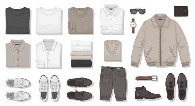 Modern men's capsule wardrobe layout with clothing and accessories