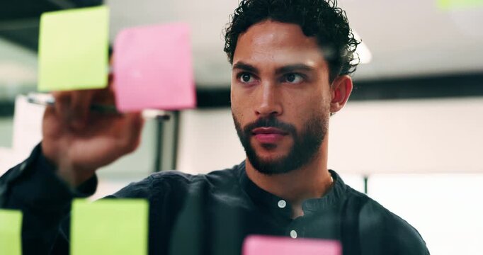 Man, planning and schedule with sticky note in office for project tasks or company agenda. Male person, creative employee or brainstorming with glass board for ideas, business strategy or reminder
