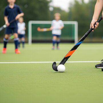 A field hockey stick striking a hard white ball on an outdoor grass pitch, with children competing in the blurred background, highlighting youthful re
