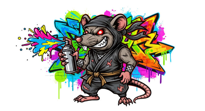 Gray rat in black gi spraying colorful graffiti