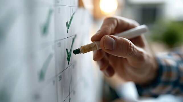 Hand marking completed tasks on a checklist calendar with a green marker, illustrating ADHD habit tracking, productivity improvement, goal achievement and personal organization
