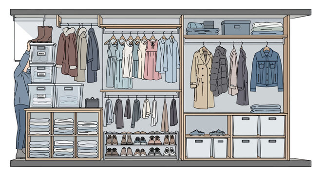 Organize your wardrobe with neat closet layout and stylish fashion displays