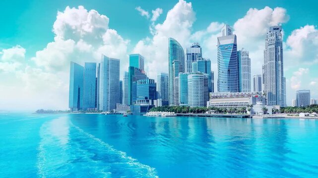 Modern city skyline with blue skyscrapers by the clear ocean under a bright sky with clouds