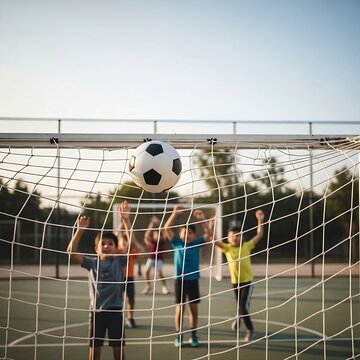 A soccer ball flying into a chain-link fence goal in an urban cage court, with children celebrating a score in the blurred background, highlighting yo