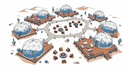 Unique geodesic dome desert retreat with fire pits and outdoor seating © Markus