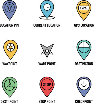 Colorful location pin icon set with GPS, map navigation, waypoint, destination and checkpoint symbols