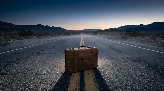 Vintage brown leather suitcase sitting on an empty desert highway at dawn symbolizing the start of a long journey and adventure.