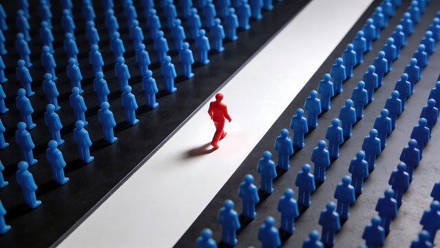 Red Figurine Walking Alone on White Path Between Blue Crowds