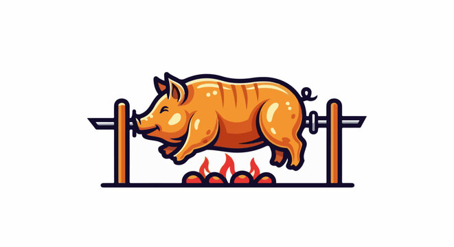 A pig is roasting on a spit over an open flame