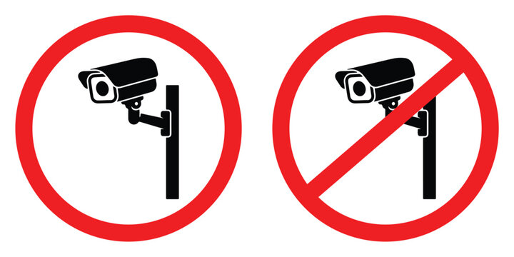 Surveillance camera icon with prohibition symbol against white background concept of privacy