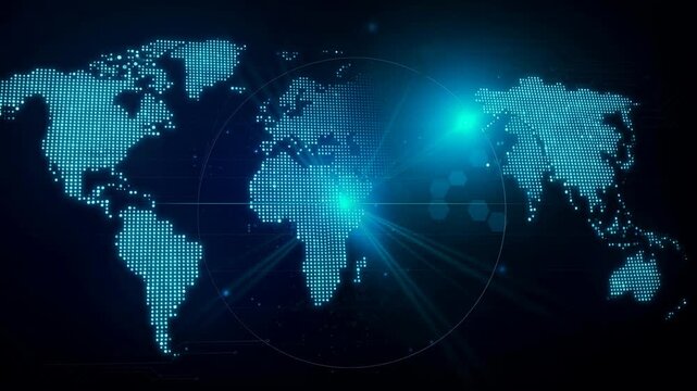 Digital world map with glowing blue dots and futuristic technology background for global communication