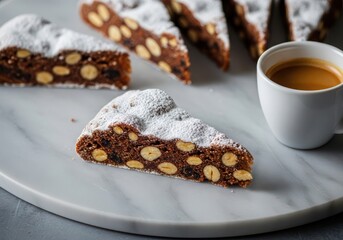 Naklejka premium Slices of panforte italian fruit and nut cake with espresso