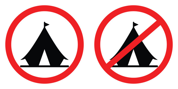 Tent camping allowed and prohibited signs in simple graphic style