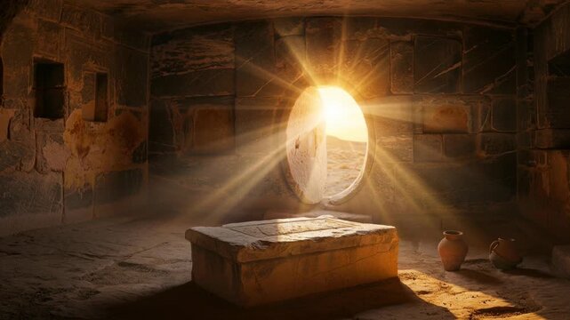 Ancient stone tomb interior with sunlight shining through round entrance in historical archaeological site