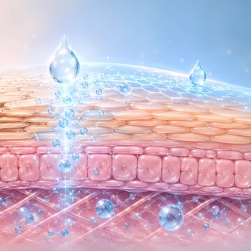 Cross section of human skin structure showing hydration layer with water drops. Skin barrier protection, moisture lock, and cellular skincare biotechnology concept. 3D illustration.