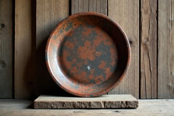 Fototapeta premium Rustic earthenware dish with mottled brown and grey glaze, displayed on aged wooden surface against a backdrop of weathered wood planks.