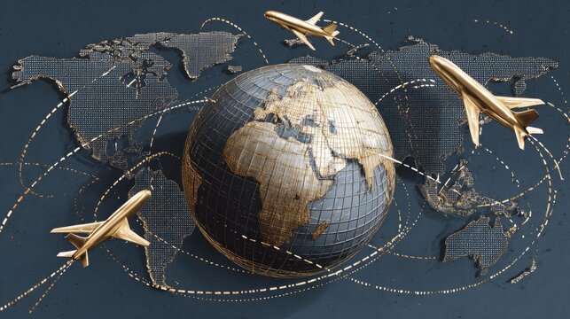 Golden planes circle globe with global flight paths