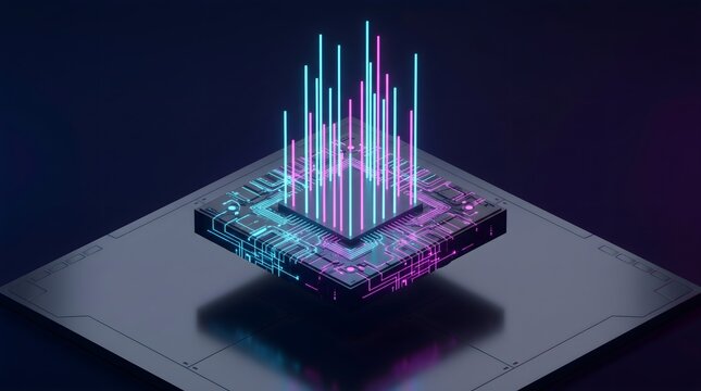 Futuristic 3D isometric microchip with glowing neon blue and pink light beams representing high speed data processing commercial technology abstract concept