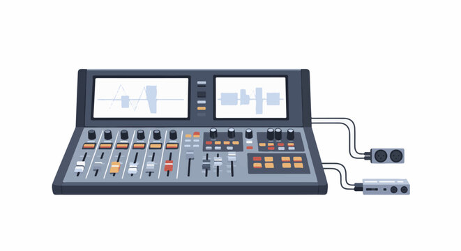 A pixelated audio mixer with two screens showing waveforms and many knobs