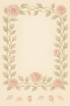 Elegant watercolor rose vines forming a full rectangular border frame with buds at the bottom on a soft beige background. generated by AI.