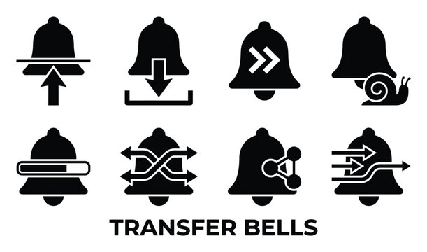 Transfer bell notification icons set incoming outgoing data alerts transfer speed.